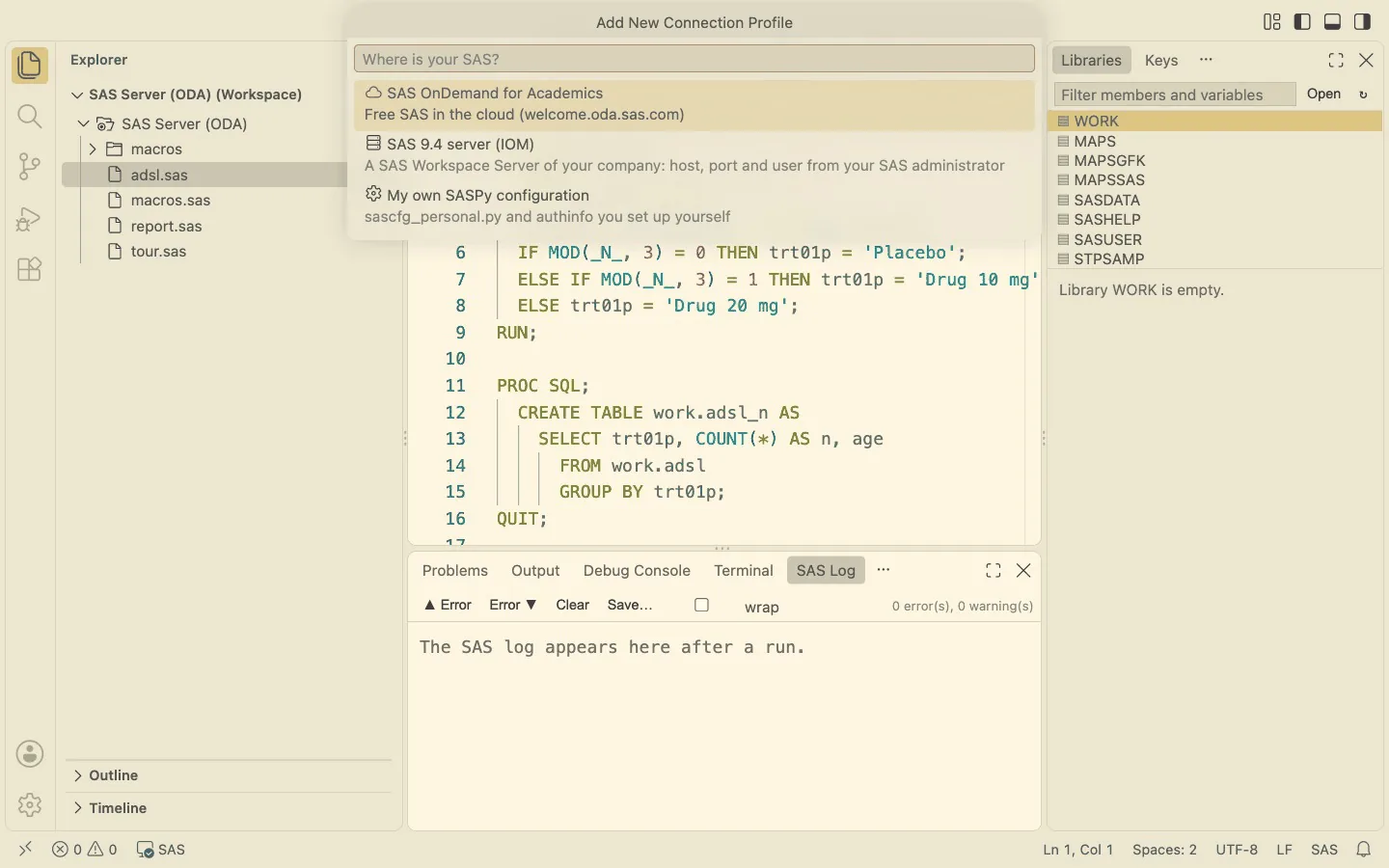The Add New Connection Profile dialog: SAS OnDemand for Academics, SAS 9.4 server or your own SASPy configuration
