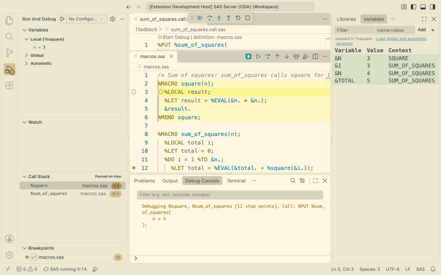 The macro debugger inside %square, called from %sum_of_squares, with both macros on the call stack