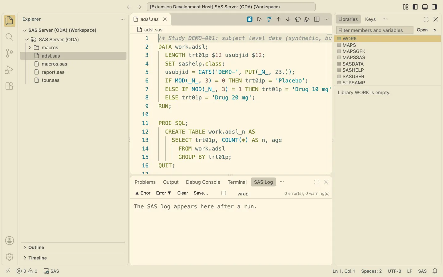 DataStep Studio: program, Libraries on the right, SAS Log below