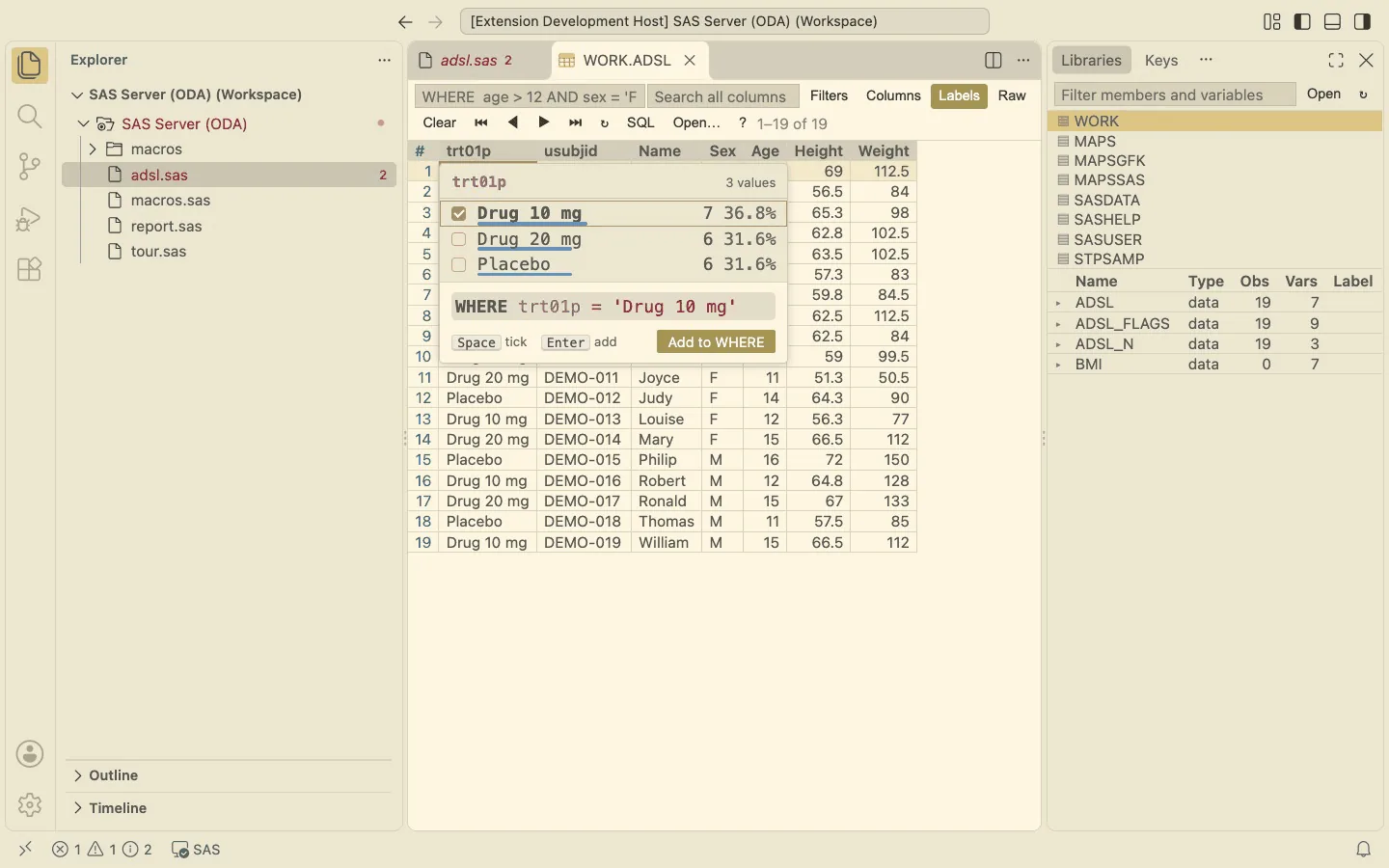 Value picker: tick the values, the SAS condition is built live